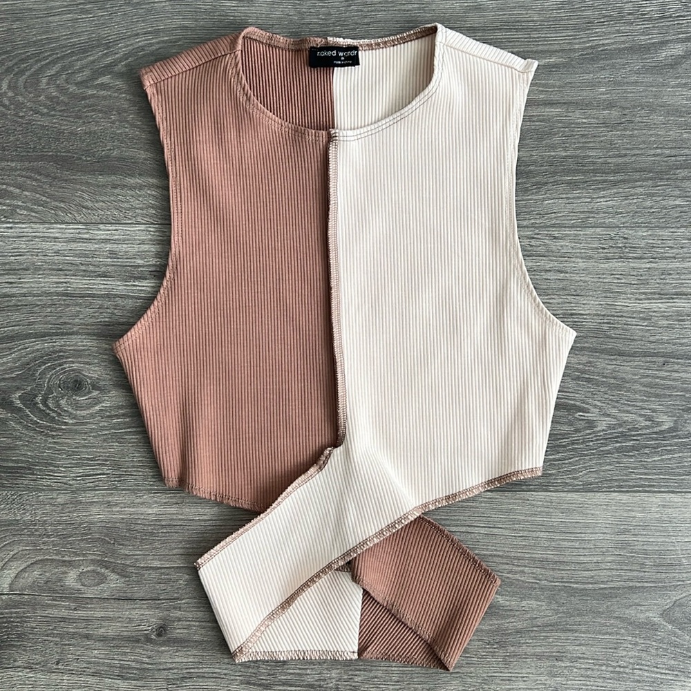 NAKED WARDROBE Ribbed Criss Cross Crop Top Size Medium Neutral Tan Y2K Retro 90s - Picture 3 of 10